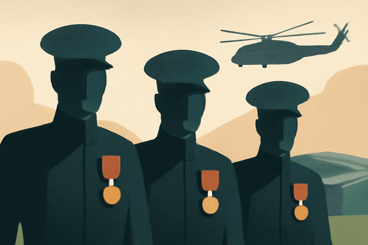 Editorial illustration for: Pentagon Upgrades Awards for Three Marines at Abbey Gate Attack