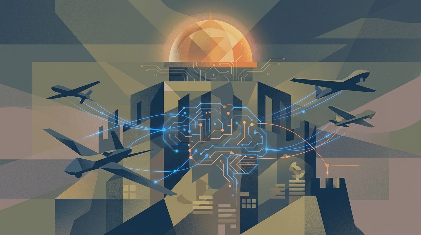 Editorial illustration for: Pentagon Seeks Record Funding for Golden Dome, Drones, and AI