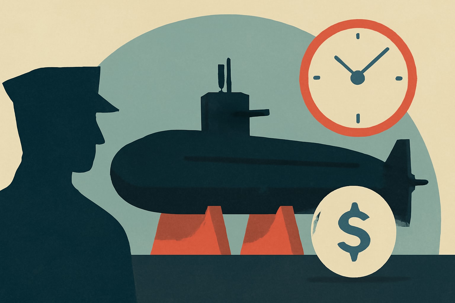 Editorial illustration for: Submarine Maintenance Delays Cost U.S. Navy $3.4 Billion Over 10 Years