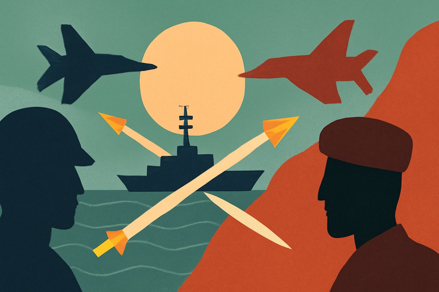 Editorial illustration for: U.S. and Iran Exchange Strikes Amid Rising Tensions in the Gulf