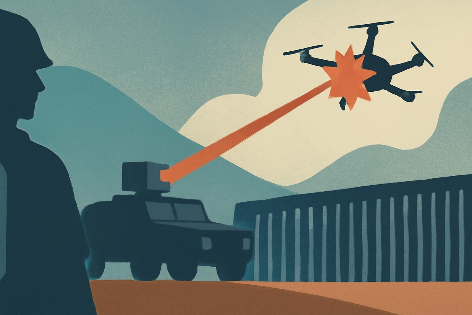 Editorial illustration for: US Military Lasers Take Down Mexican Drug Cartel Drones at Southern Border