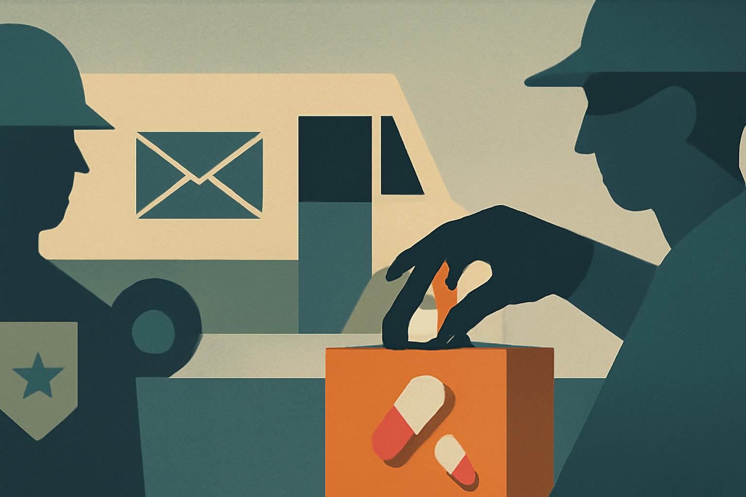 Editorial illustration for: US Postal Service Worker Accused of Stealing 7,500 Doses of Opioids From Veterans