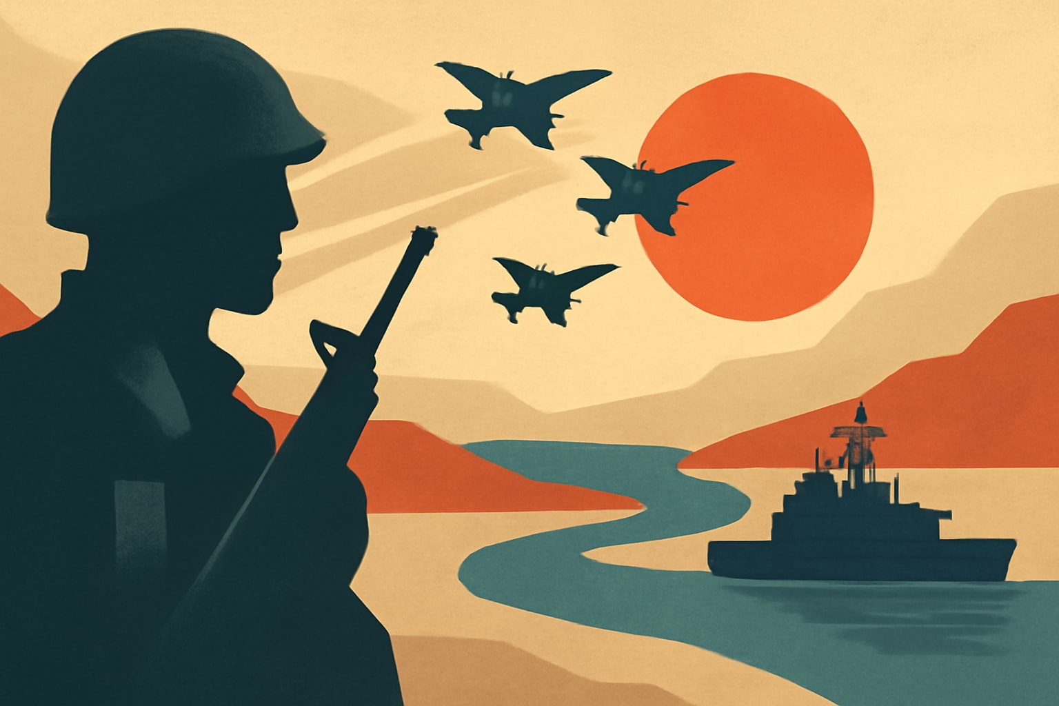 Editorial illustration for: U.S. Launches New Barrage of Strikes on Iran Around Strait of Hormuz