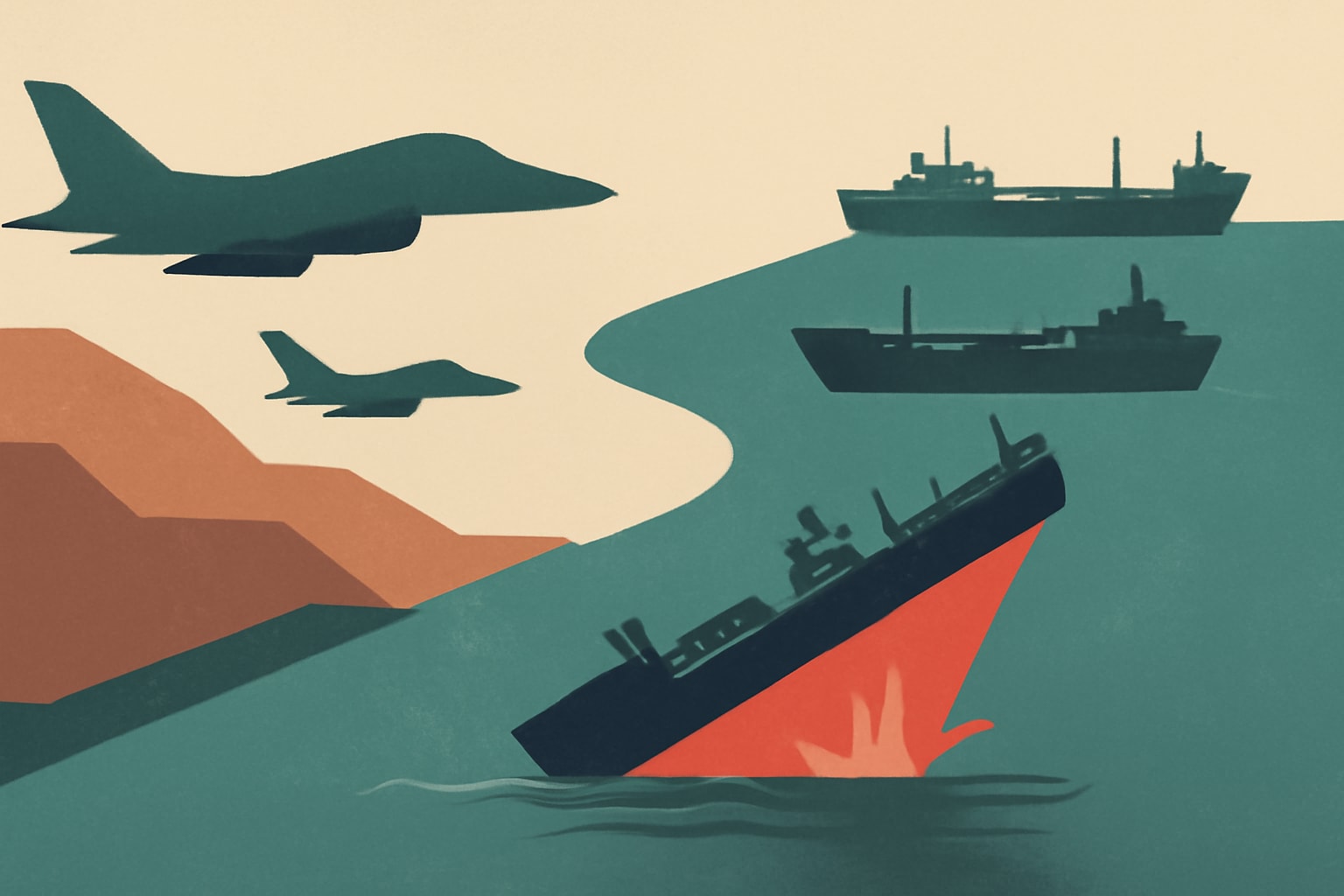 Editorial illustration for: U.S. Forces Disable Two Iranian Tankers and Sink a Third in Strait of Hormuz