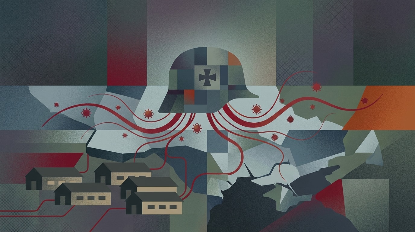 Editorial illustration for: The Spanish Flu: A Deadly Postscript to WWI Originating at a US Military Base