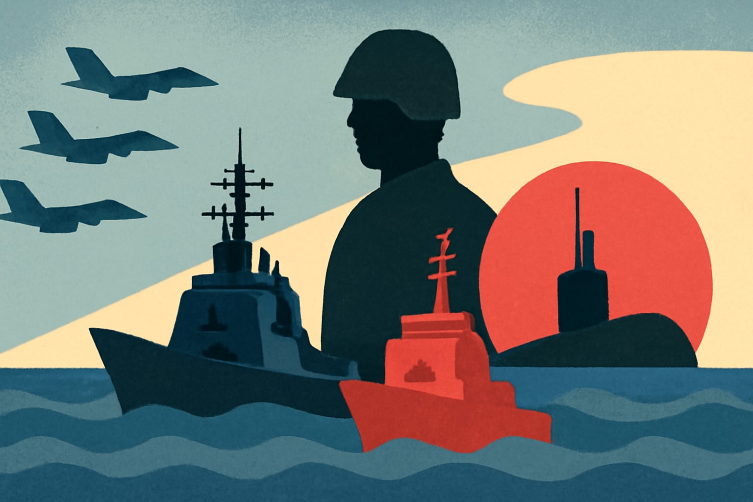Editorial illustration for: North Korea Adds Second Naval Destroyer as US, South Korea, and Japan Hold Military Exercise