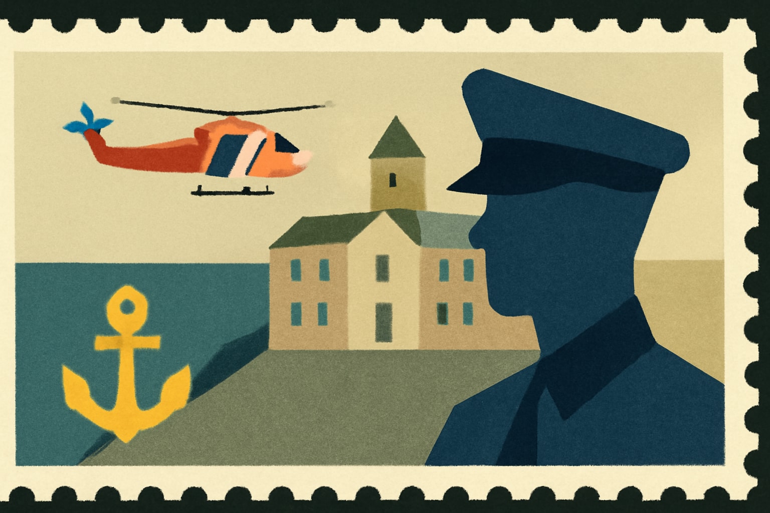 Editorial illustration for: New Forever Stamp Commemorates 150 Years of the Coast Guard Academy
