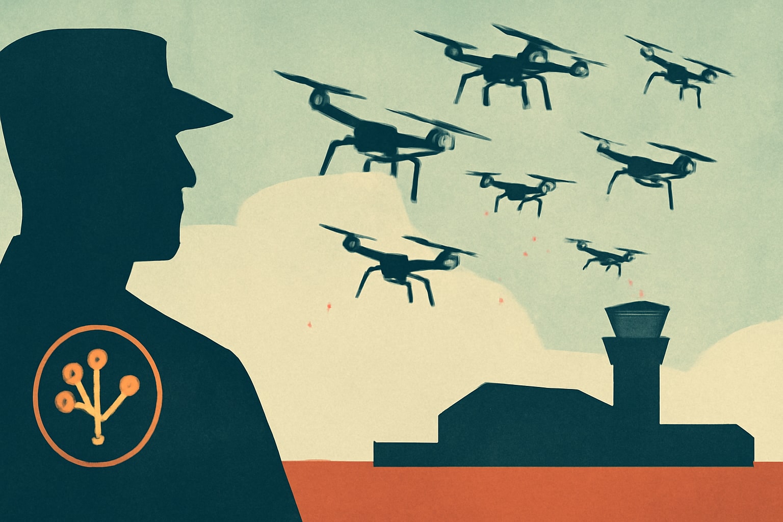 Editorial illustration for: U.S. Air Force Pursues AI-Controlled Drone Swarms for Base Security