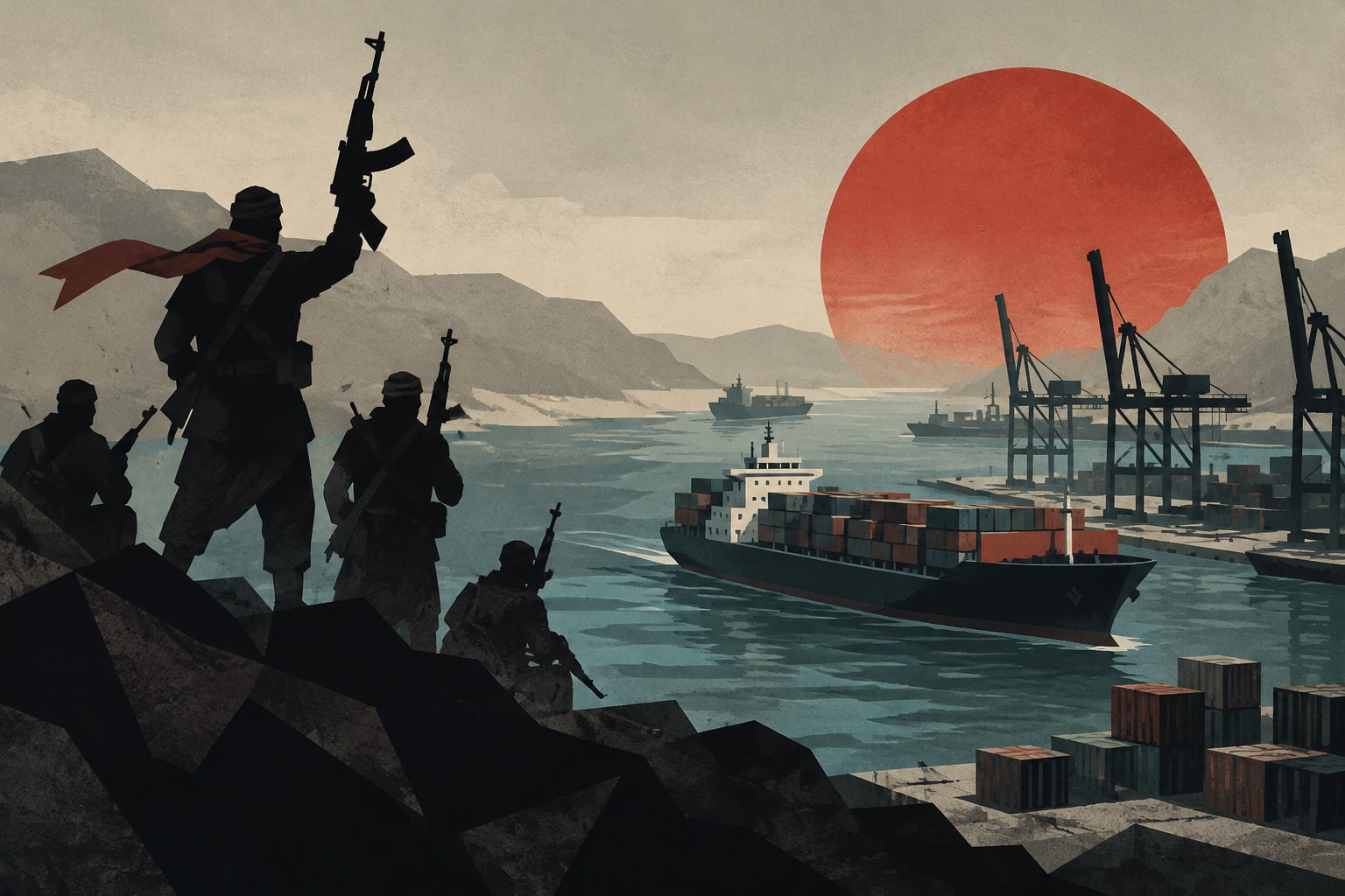 Editorial illustration for: Houthi Rebels Seize Key Yemeni Port, Threatening Red Sea Shipping