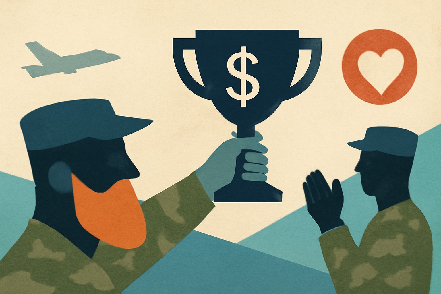 Editorial illustration for: Veterans Compete in Beard Contest, Winner Donates $20,000 to Charity