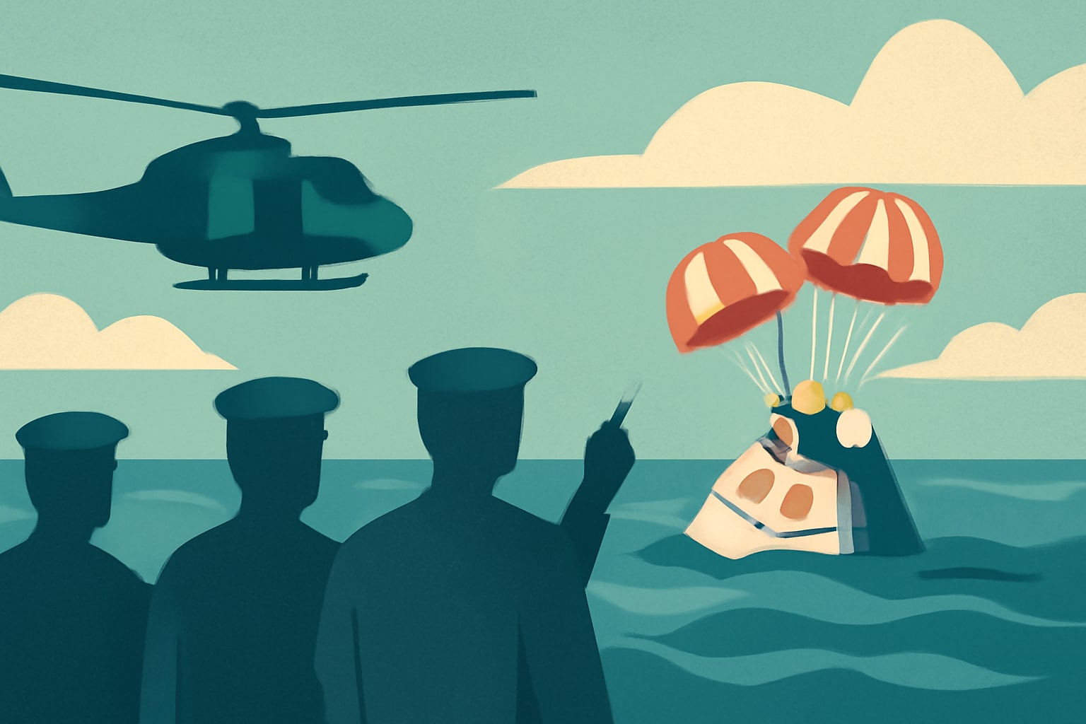Editorial illustration for: Navy Team to Greet Artemis II Astronauts After Pacific Splashdown