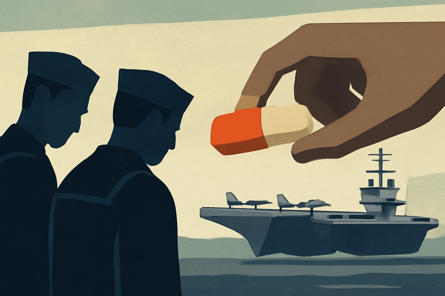 Editorial illustration for: Former Sailors Plead Guilty to Fentanyl Distribution on USS Abraham Lincoln
