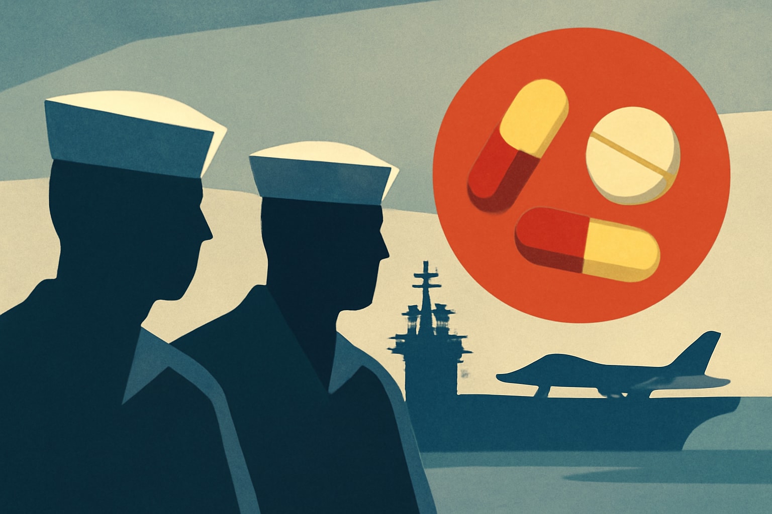 Editorial illustration for: Two Sailors Plead Guilty to Dealing Fentanyl-Laced Pills on USS Abraham Lincoln