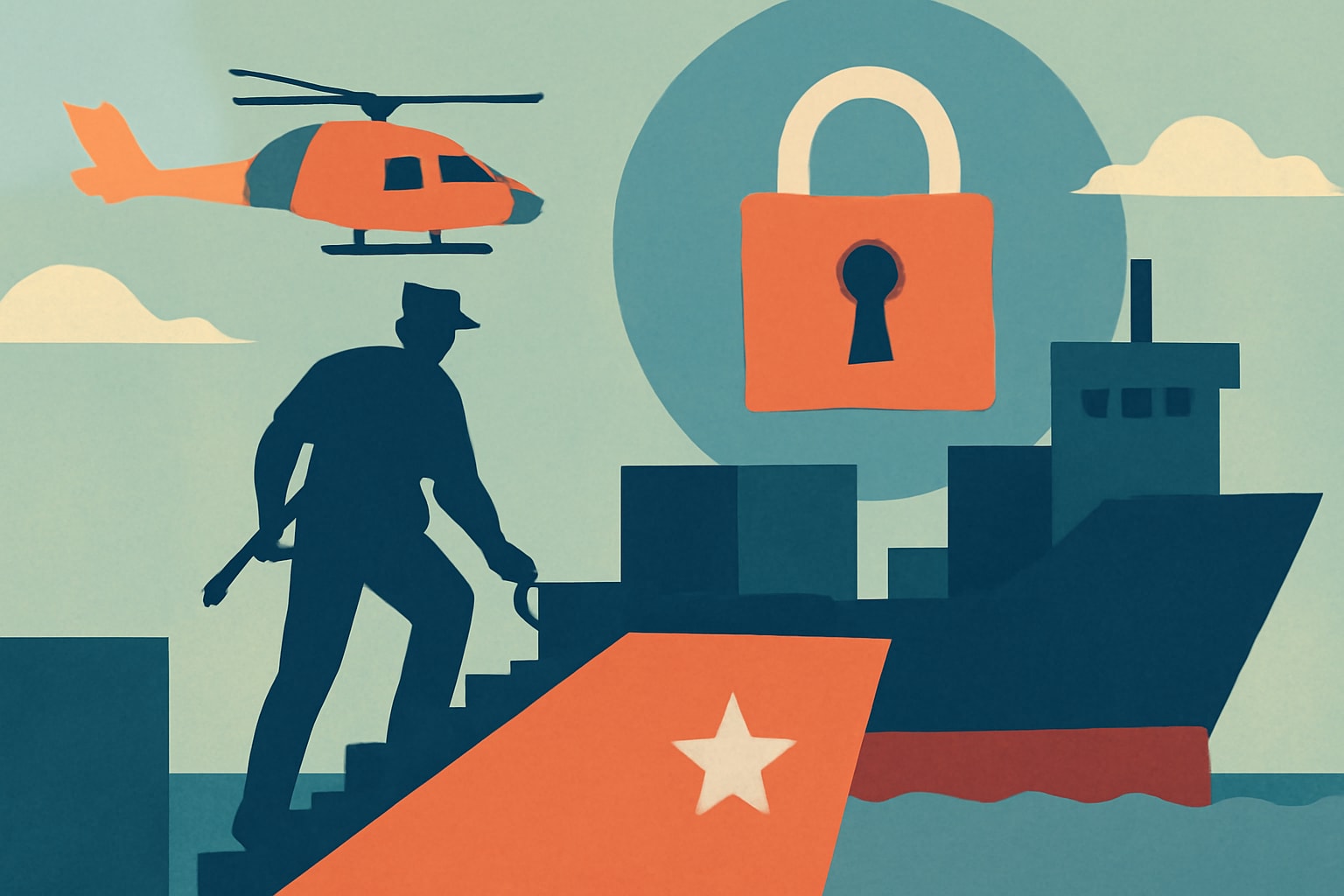 Editorial illustration for: Coast Guard Boards US-Bound Vessels After Cybersecurity Breach