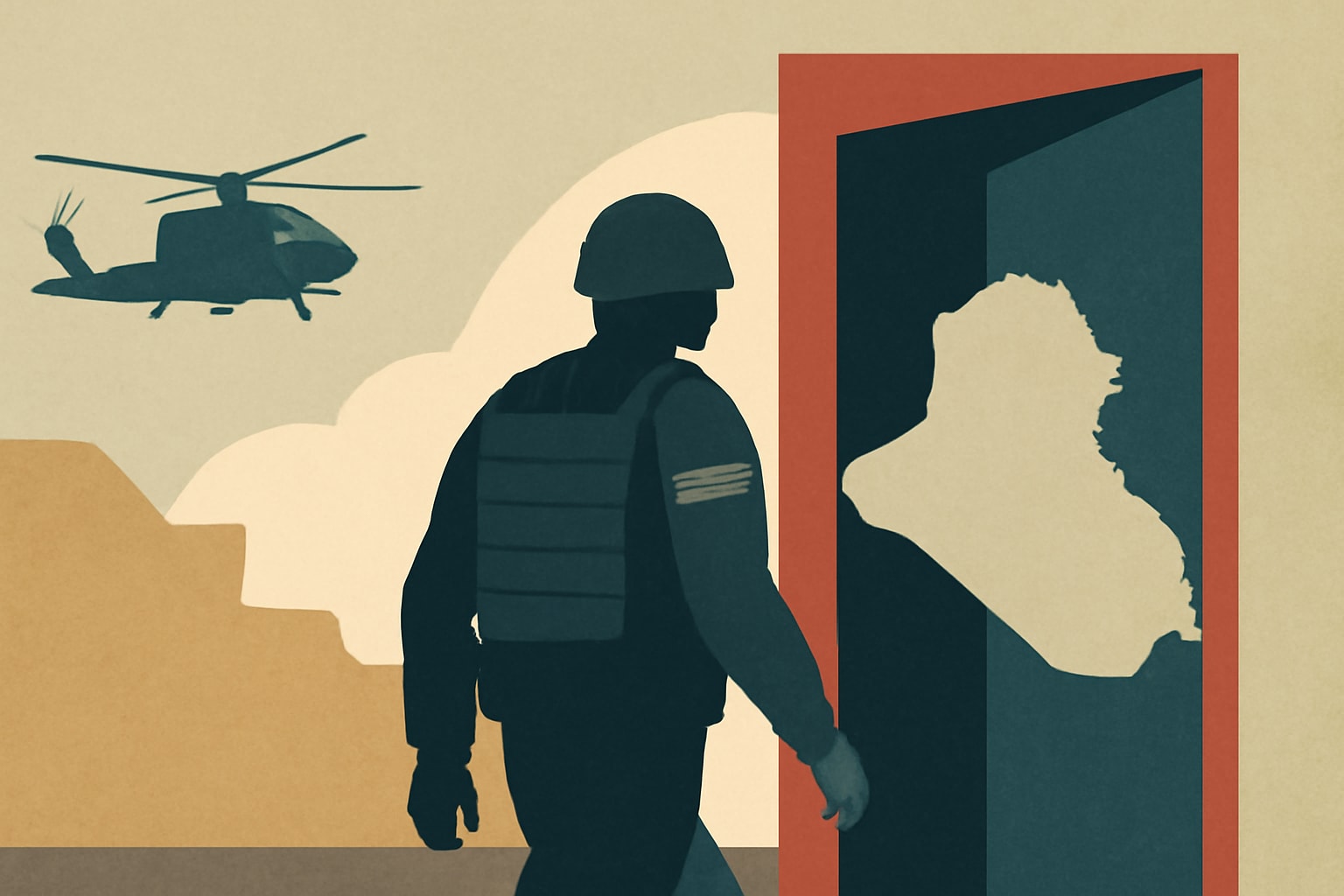 Editorial illustration for: U.S. Forces Exiting Iraq After Two Decades, Opening Doors for Iran