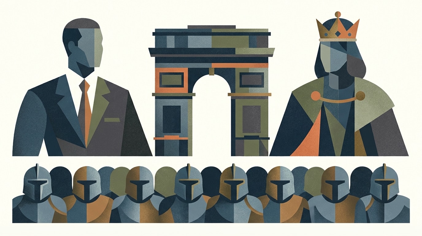 Editorial illustration for: Trump Highlights U.S. Military During King Charles III's White House Visit