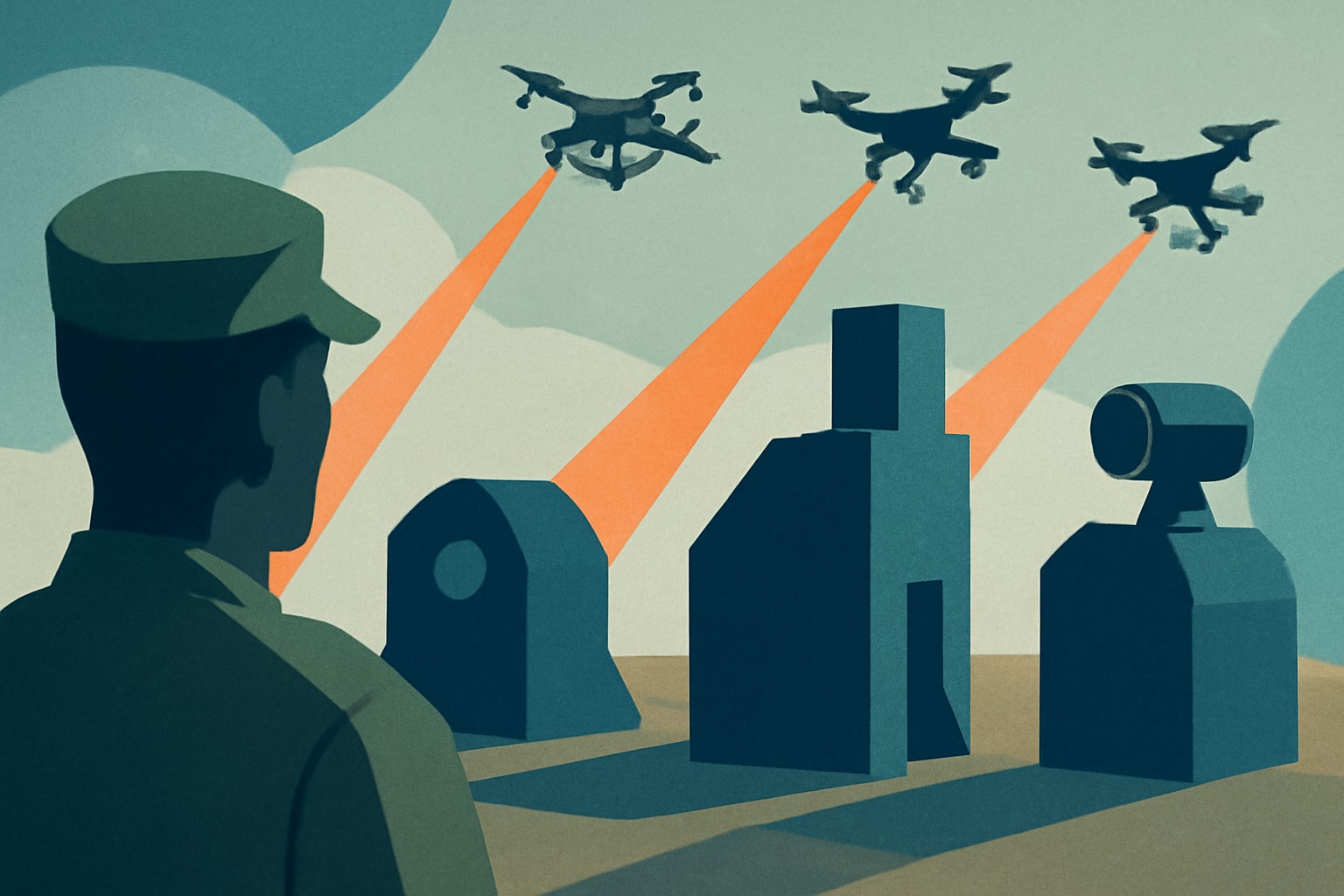 Editorial illustration for: Pentagon Names Four Directed-Energy Weapons for Counter-Drone Program at U.S. Bases
