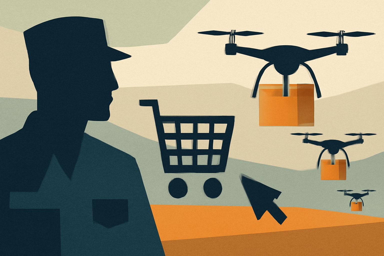 Editorial illustration for: Acting Army Secretary Proposes Amazon-like Drone Marketplace for Procurement