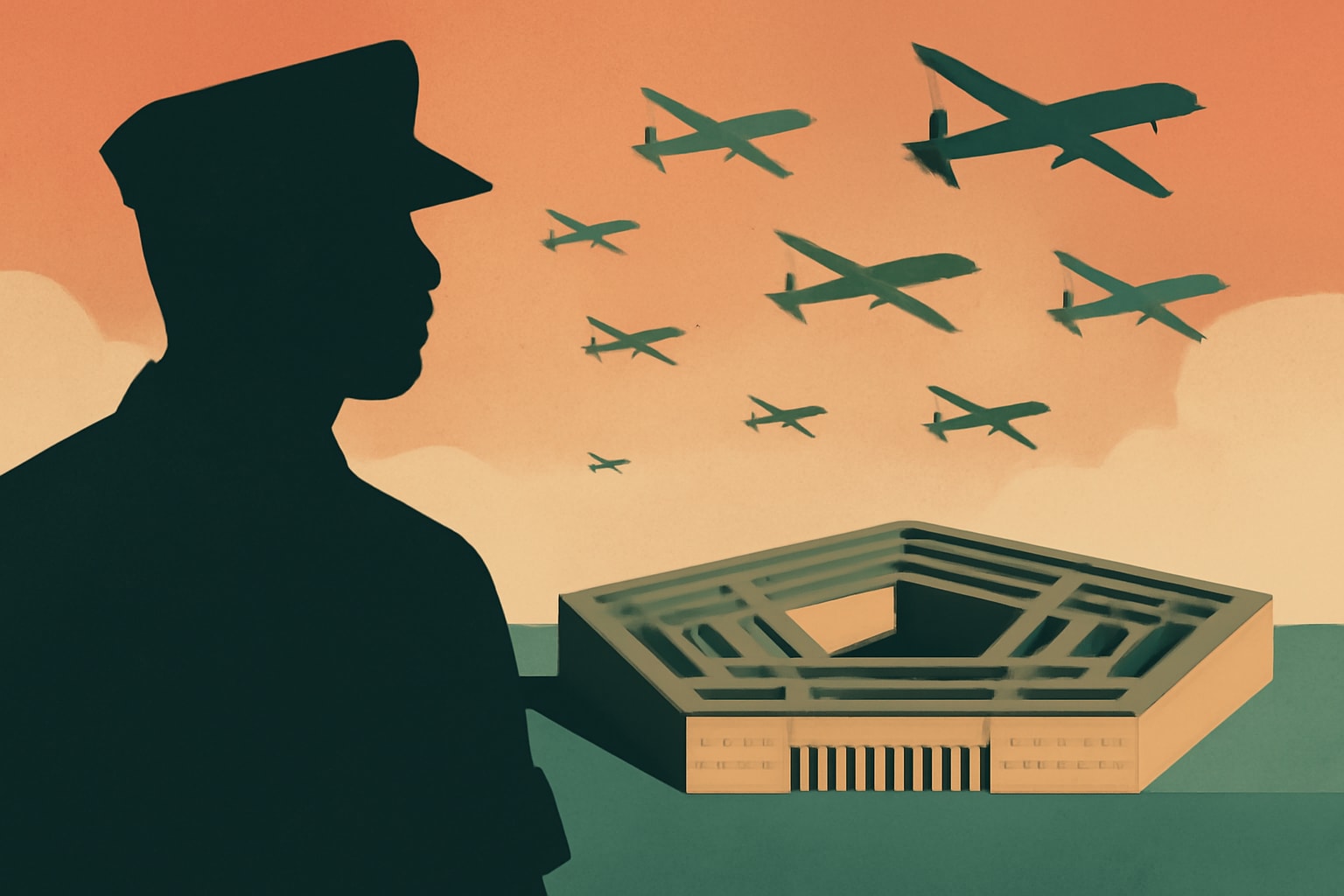 Editorial illustration for: Pentagon Seeks $50 Billion for Mass Drone Production