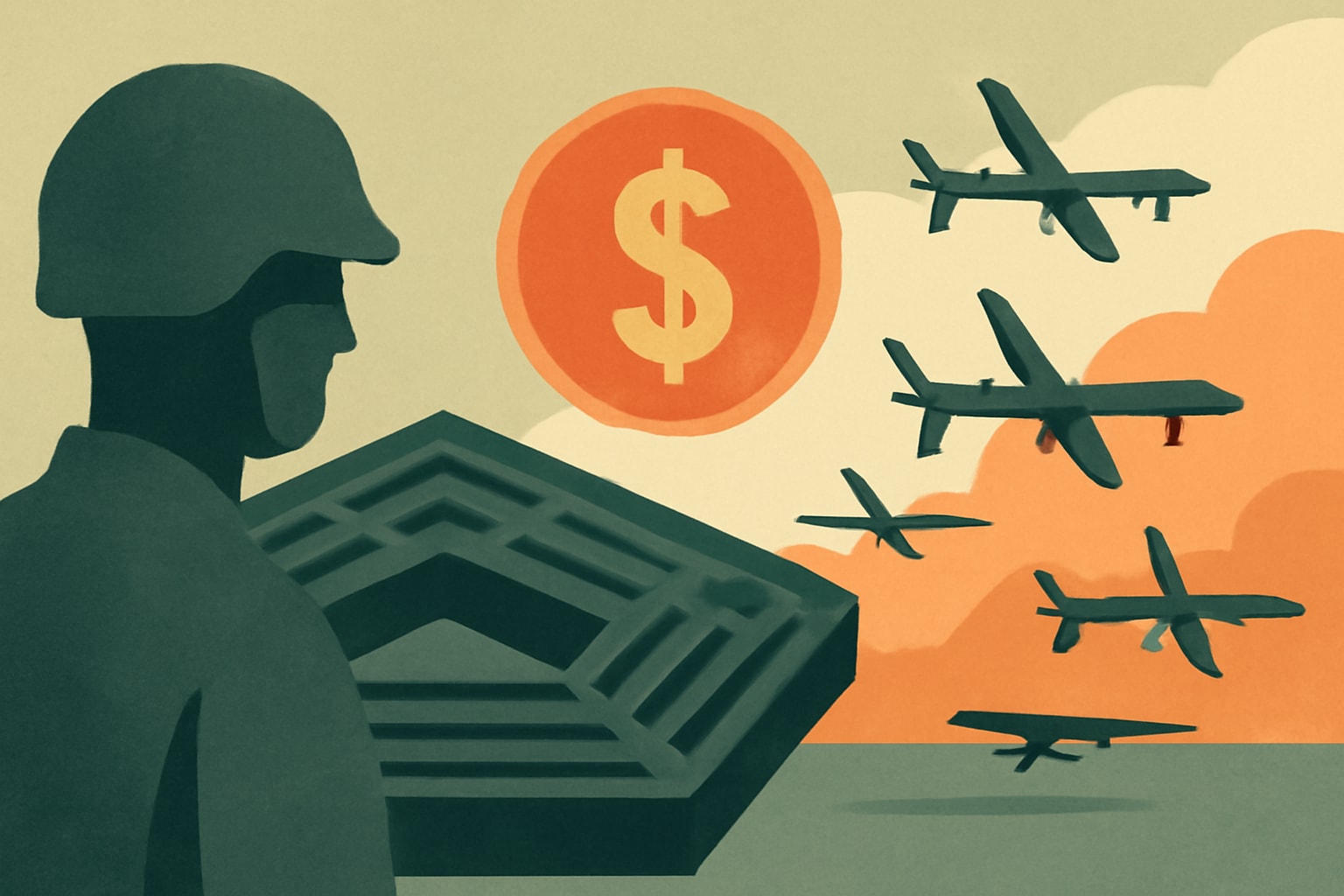 Editorial illustration for: Pentagon Seeks $50 Billion for Mass Drone Production