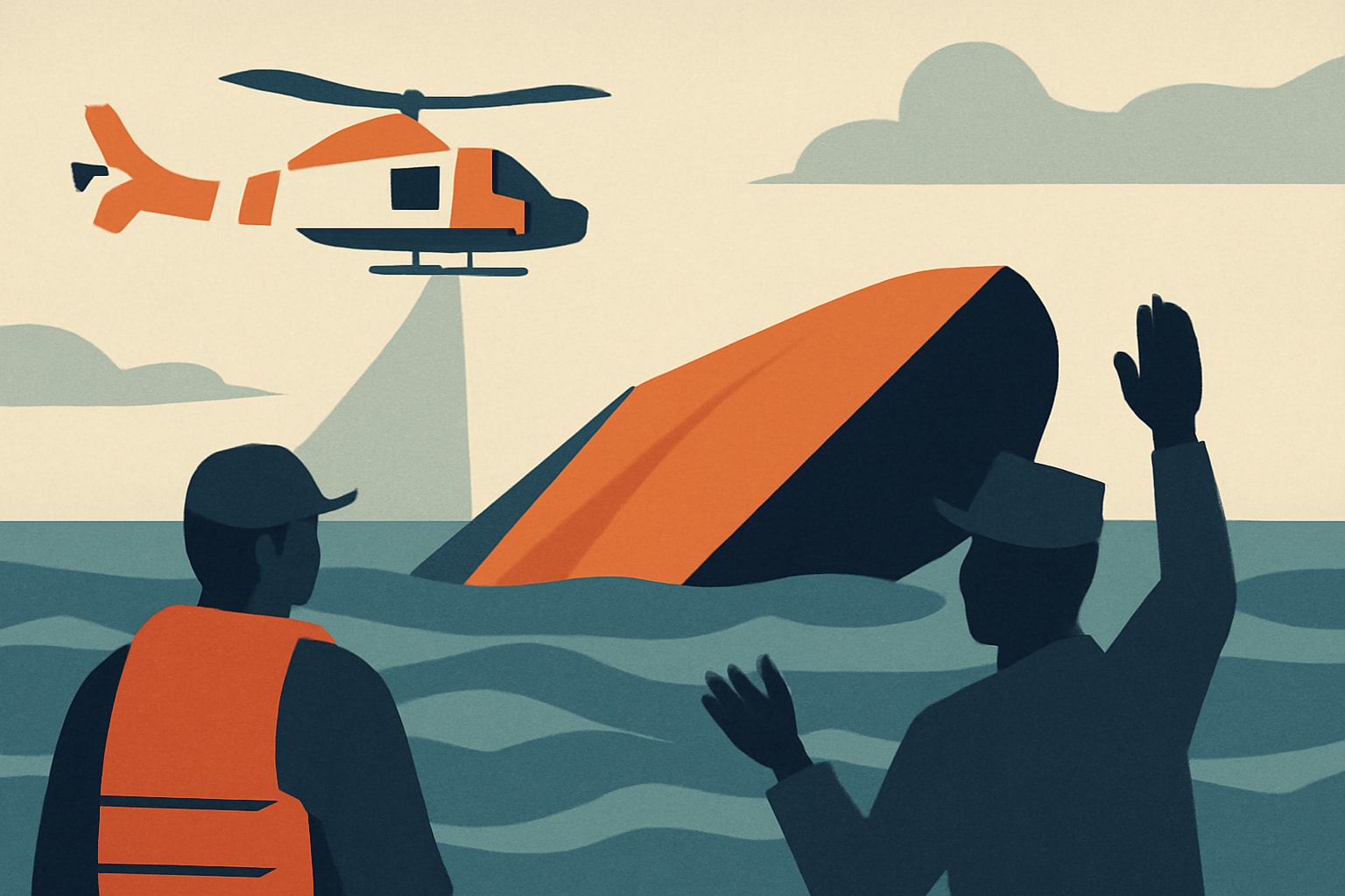 Editorial illustration for: U.S. Coast Guard and Navy Search for Survivors After Boat Capsizes