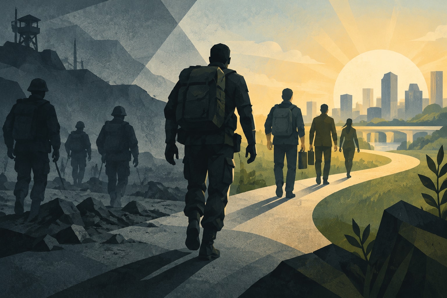 Editorial illustration for: Operation Onward: Veterans Finding Purpose After Military Service