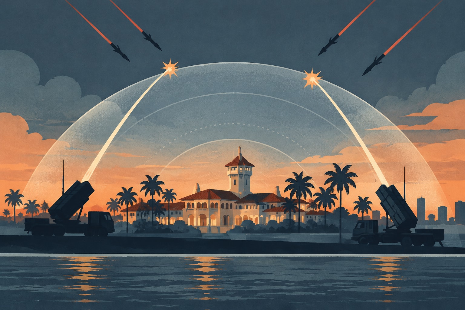 Editorial illustration for: Mar-a-Lago Receives New Missile Defenses Amid Rising Security Costs
