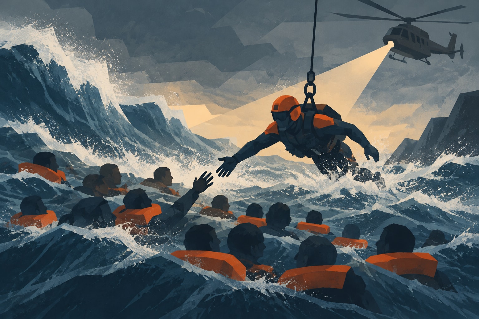 Editorial illustration for: Coast Guard Swimmer Rescues 16 People from Rough Pacific Ocean