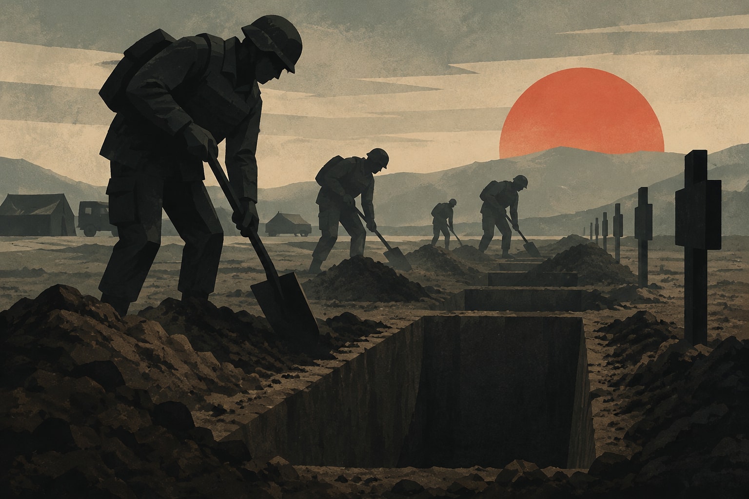 Editorial illustration for: US Army Practices Digging Temporary Battlefield Graves