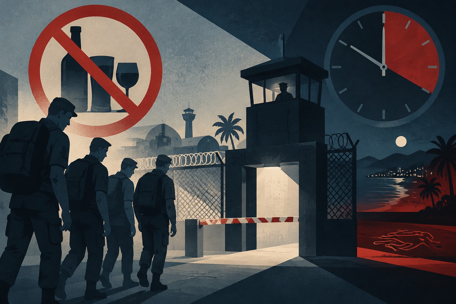 Editorial illustration for: Kadena Air Base Enforces Alcohol Ban and Curfew for Junior Enlisted After Local Murder