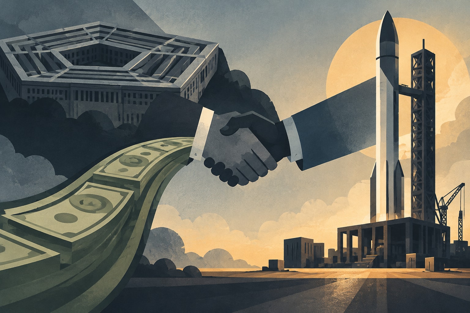 Editorial illustration for: Pentagon to Provide $150 Million Loan to Stoke Space for Launch Pad Expansion