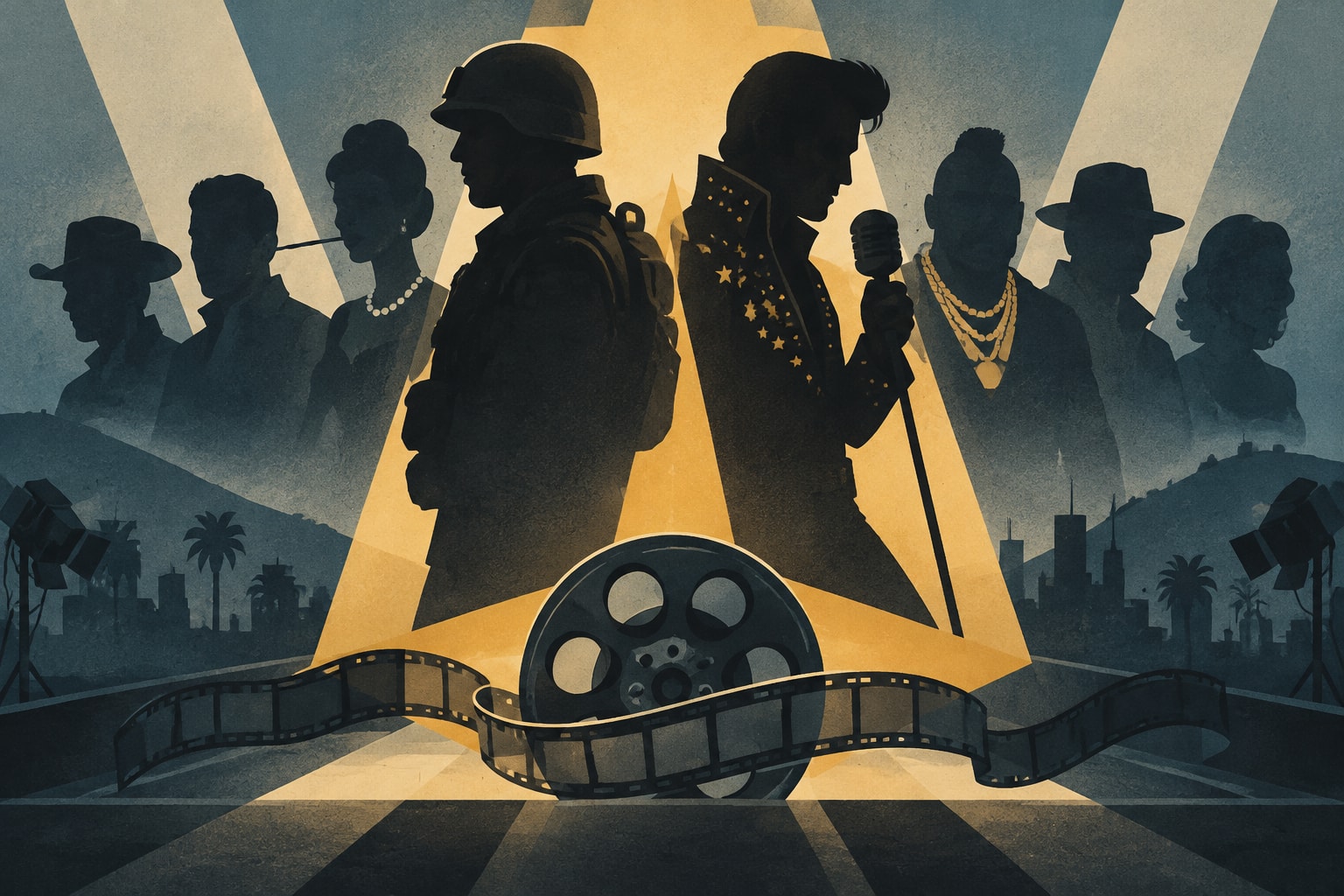 Editorial illustration for: From Elvis to Mr. T: 10 Celebrity Veterans Who Made Their Mark in Entertainment