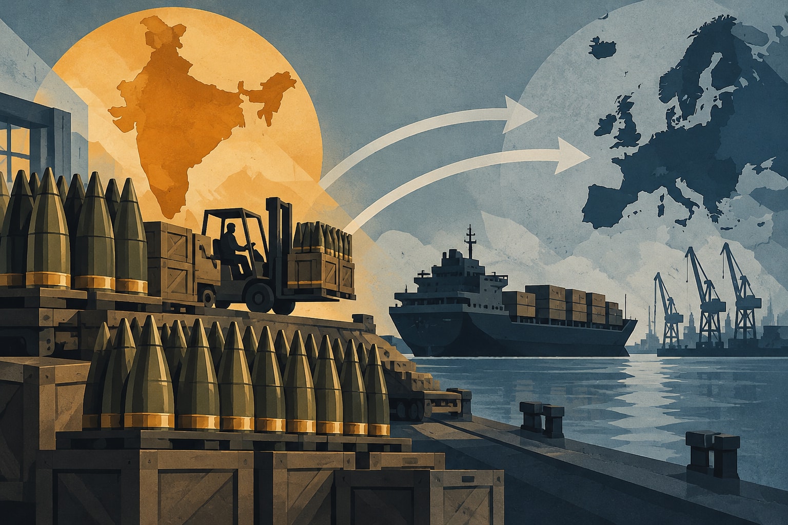 Editorial illustration for: India Capitalizes on Europe’s Growing Demand for Ammunition