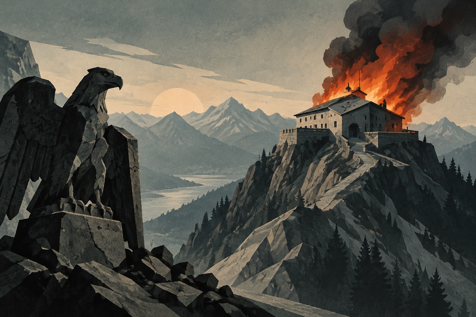 Editorial illustration for: Fire at Hitler’s Eagle’s Nest Raises Concerns Over Historical Preservation