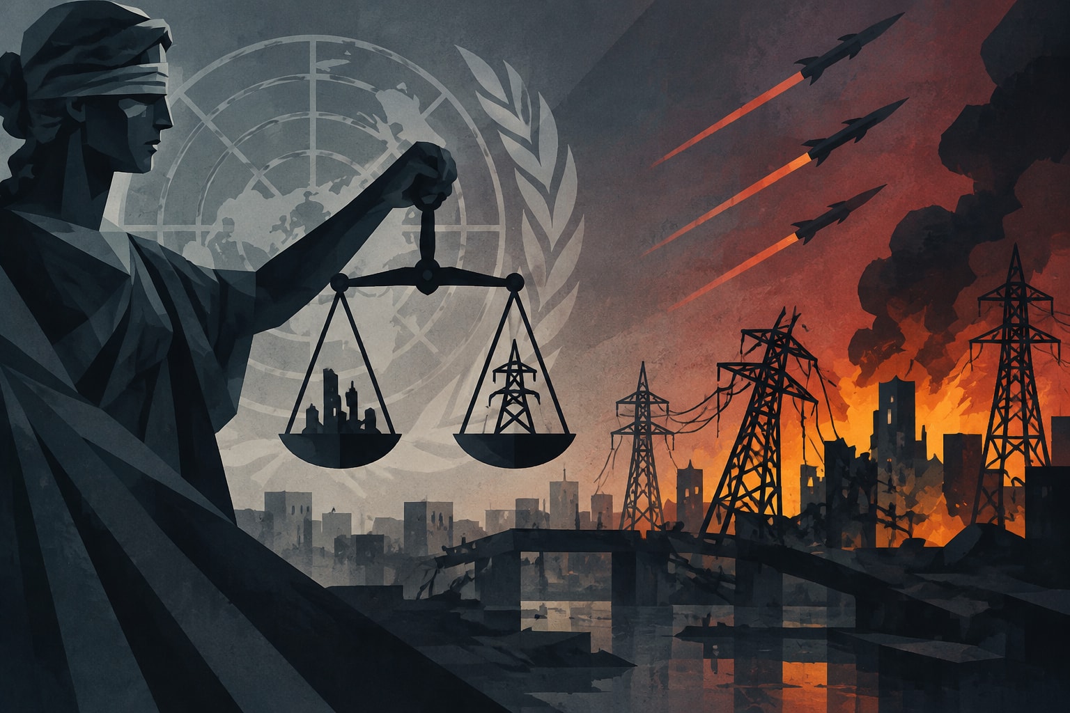 Editorial illustration for: UN Inquiry Confirms Russia Committed War Crimes by Targeting Ukraine's Energy Grid
