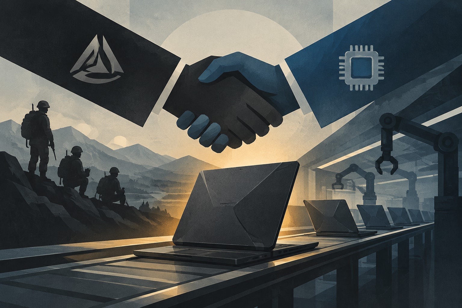 Editorial illustration for: Anduril Expands into Laptop Manufacturing in Partnership with Qualcomm