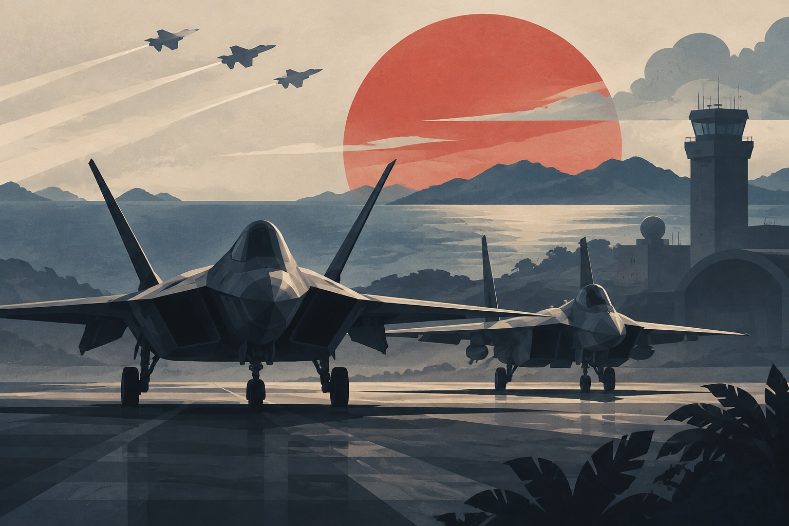 Editorial illustration for: F-22s and F-15s Deploy to Kadena Air Base to Strengthen Pacific Airpower