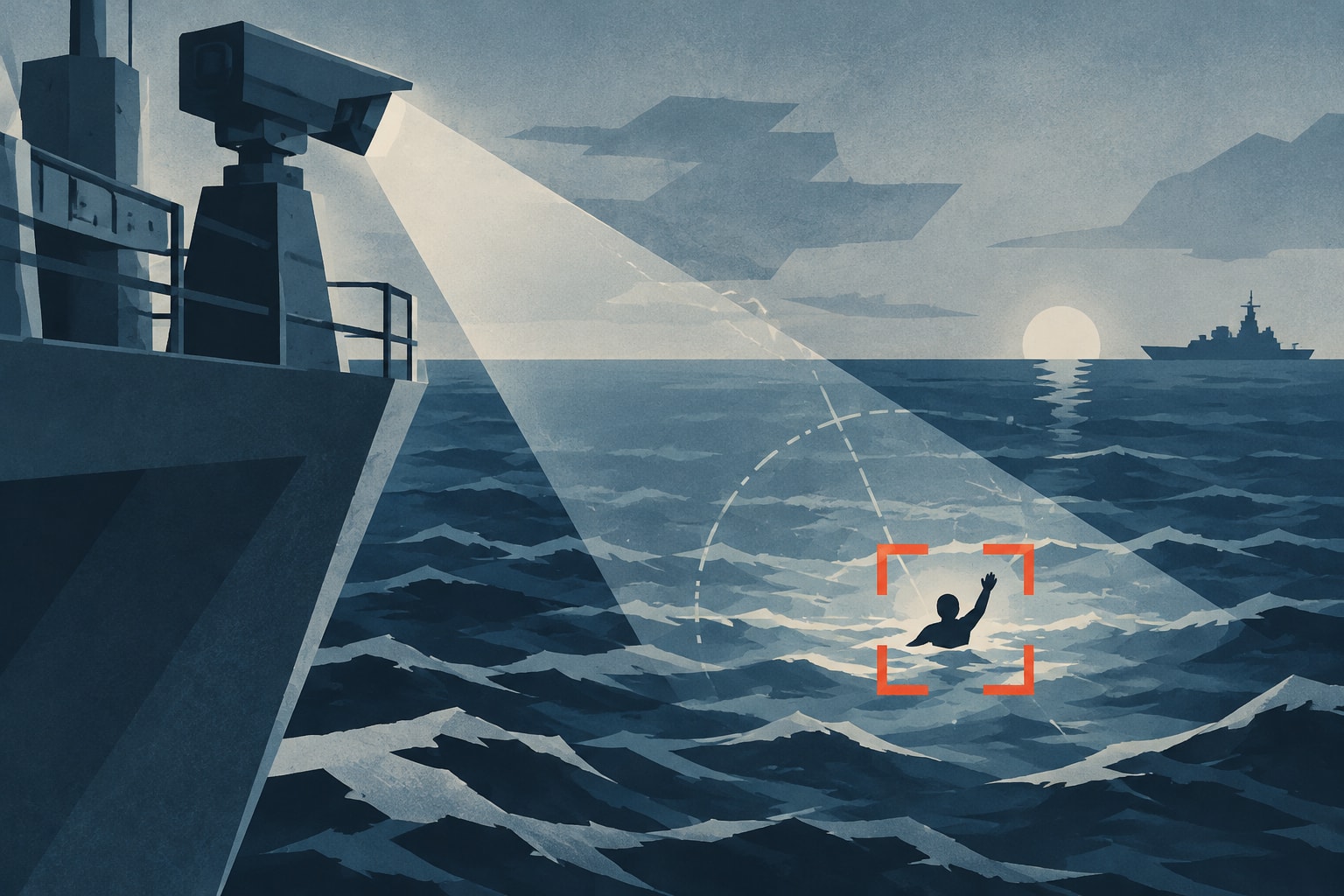 Editorial illustration for: Navy Tests New Camera System to Detect Sailors Overboard
