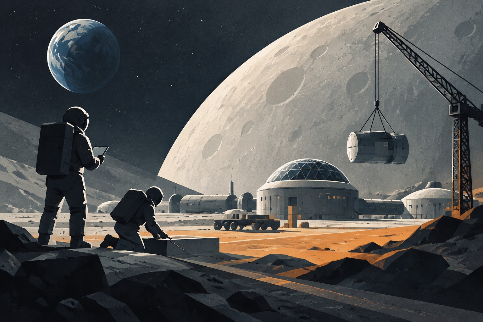 Editorial illustration for: NASA Accelerates Plans for Moon Base Construction