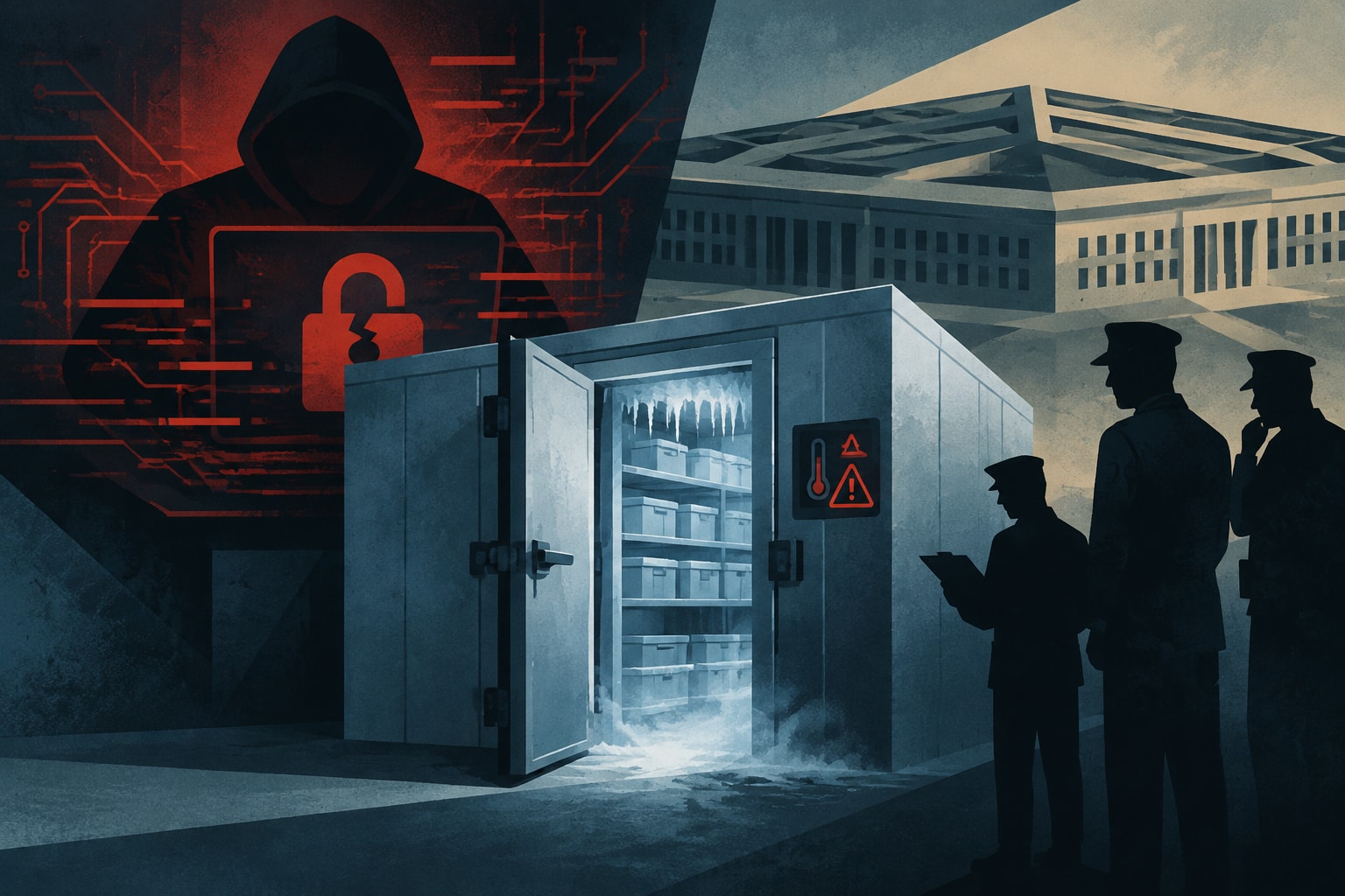 Editorial illustration for: Pentagon Investigates Freezer Malfunctions as Suspected Cyberattack