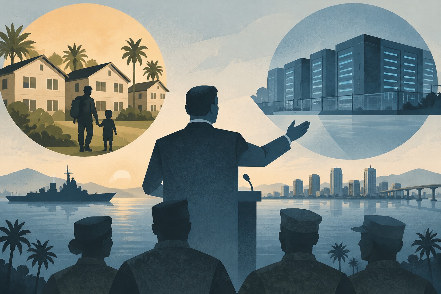 Editorial illustration for: Congressman Advocates for Military Housing in San Diego Amid Data Center Plans