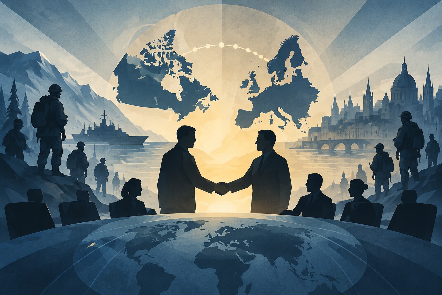 Editorial illustration for: Canadian-European Security Cooperation Takes Center Stage at Summit