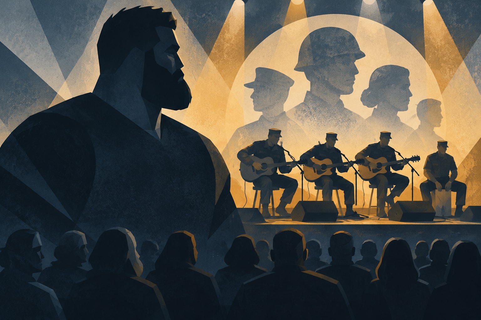Editorial illustration for: PBS Veterans Day Special to Feature Jason Kelce and Army’s Six-String Soldiers