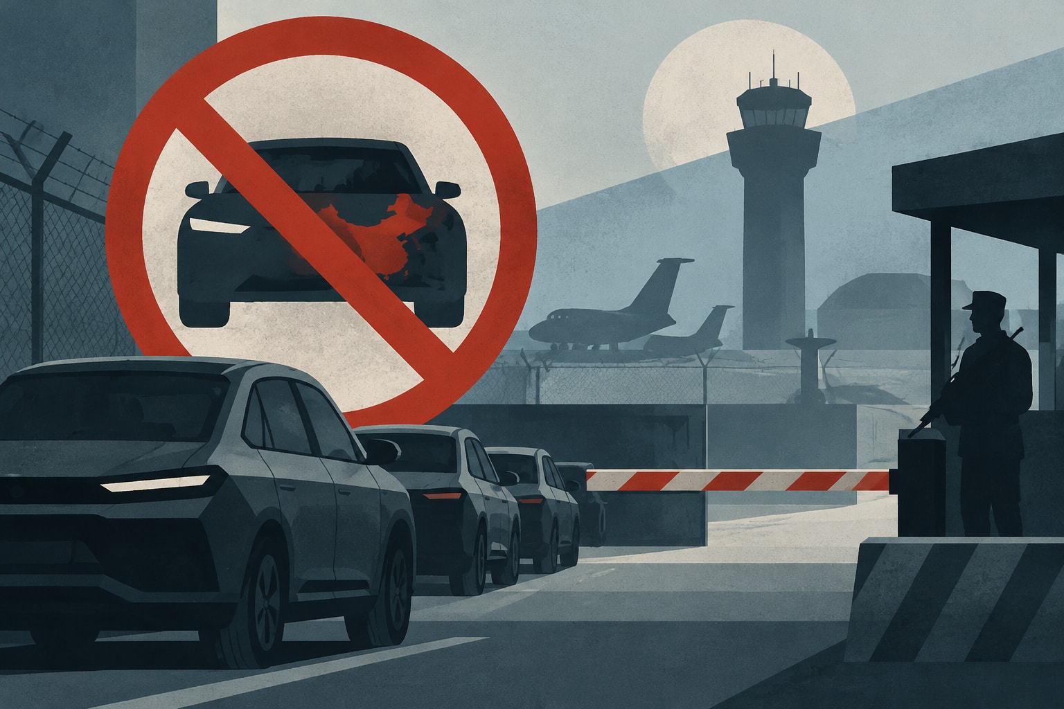 Editorial illustration for: US Air Force Base in Japan Bans Vehicles Made by Chinese Company